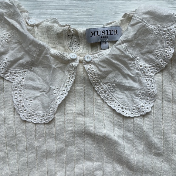 Musier Paris Long Sleeve Crop Top Eyelet Collar Ivory sz M - Picture 3 of 4